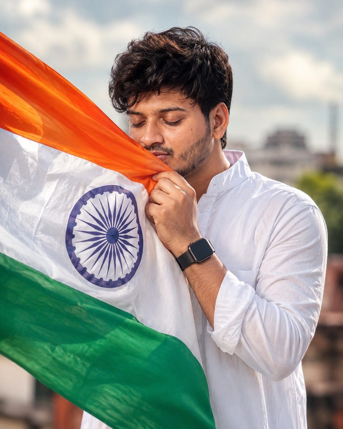 Ultra Realistic Indian Flag Kissing Portrait AI Prompt (8K Cinematic)