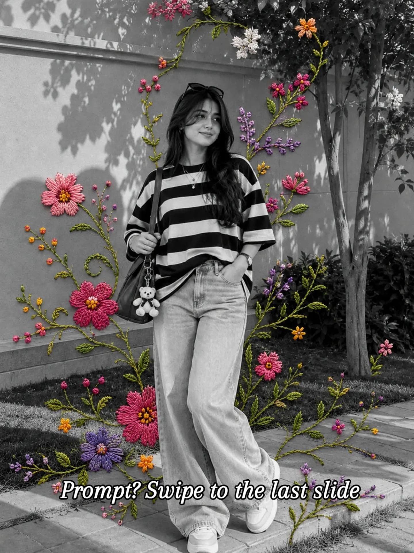 Black & White Embroidered Floral Portrait Effect (AI Photo Prompt)