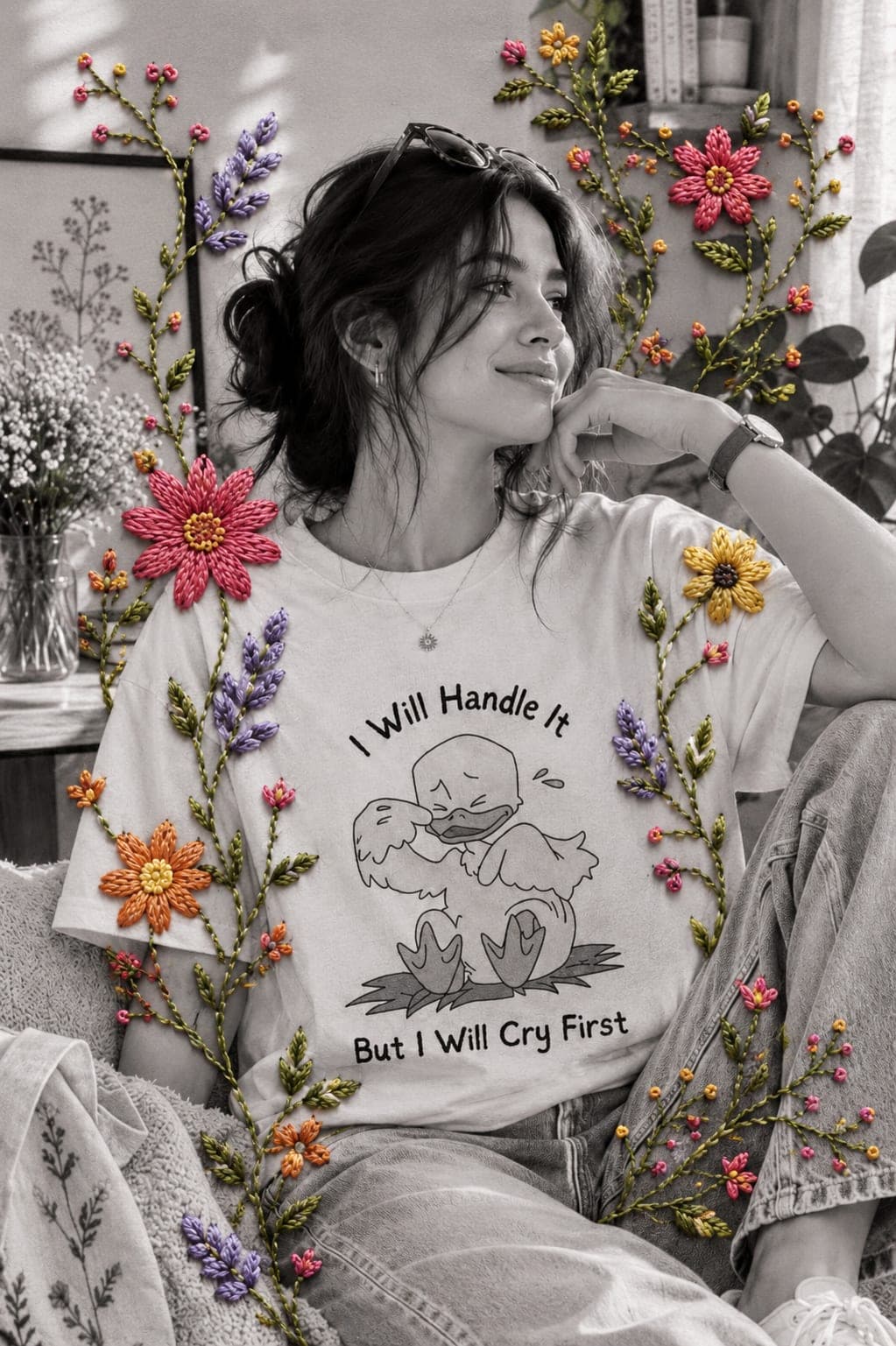 Black & White Embroidered Floral Portrait Effect (AI Photo Prompt)