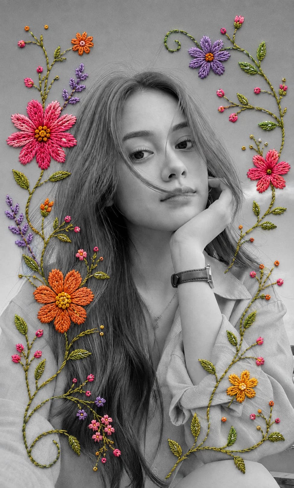 Black & White Embroidered Floral Portrait Effect (AI Photo Prompt)