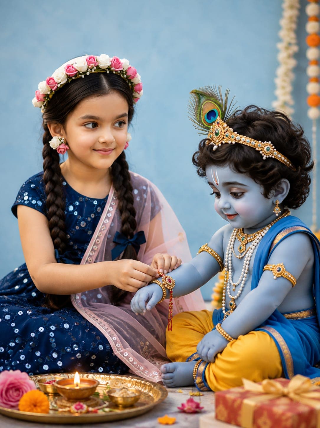 Raksha Bandhan Krishna AI Photo Prompt – Create a Divine Sister-Brother Portrait